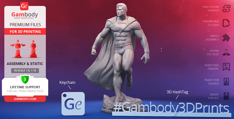 3D model of a classic superhero in a standing pose with a cape, designed for 3D printing.