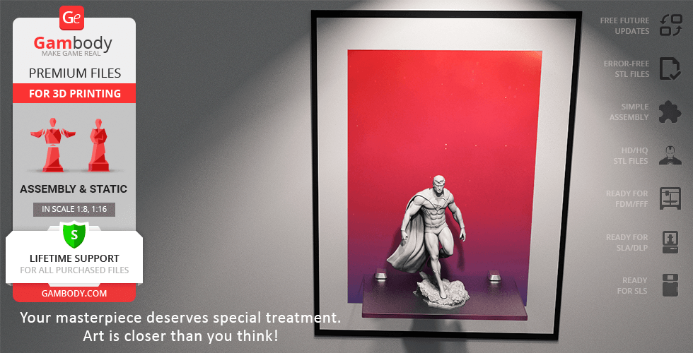 3D model of a muscular superhero in a dynamic pose with a cape, ready for printing.