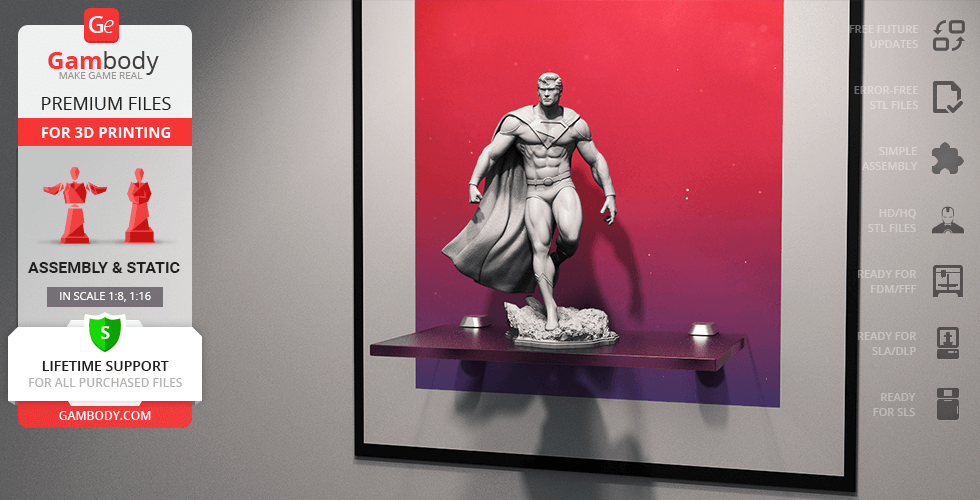 3D printed model of a classic superhero in a powerful pose, displayed on a shelf.
