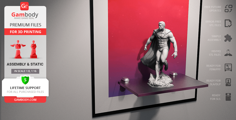 Classic Superman 3D model displayed on a wall shelf with marketing details and features listed on the side.