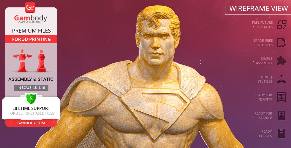 3D model of a classic superhero in costume with emblem on chest, ready for 3D printing.