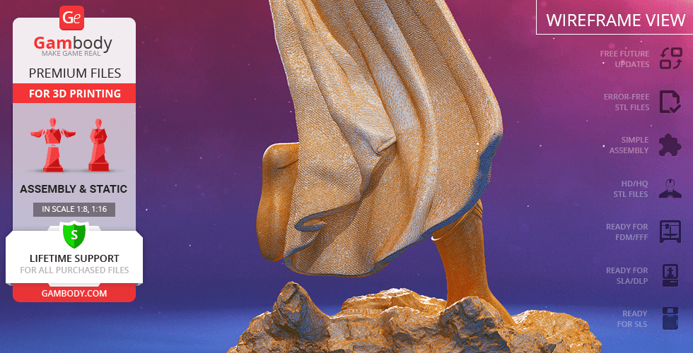 Classic Superman 3D model with flowing cape, posed on rocky base for printing.