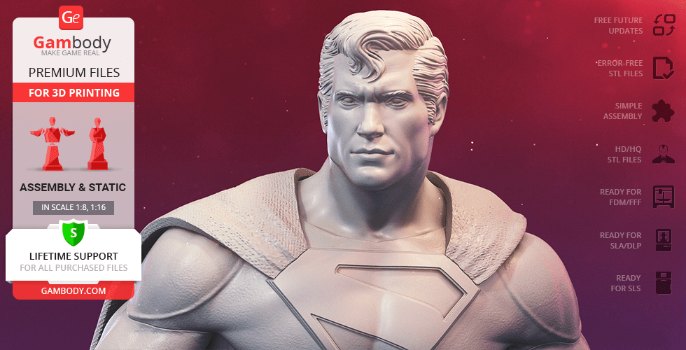 3D model of a classic superhero in a suit with a cape, ready for 3D printing, detailed chest emblem.