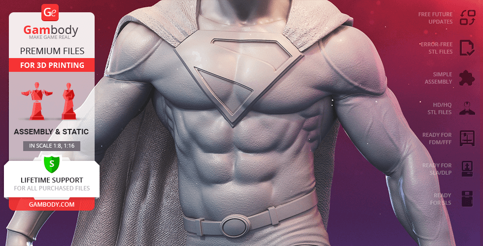3D model of a muscular superhero with a cape and emblem, designed for 3D printing.