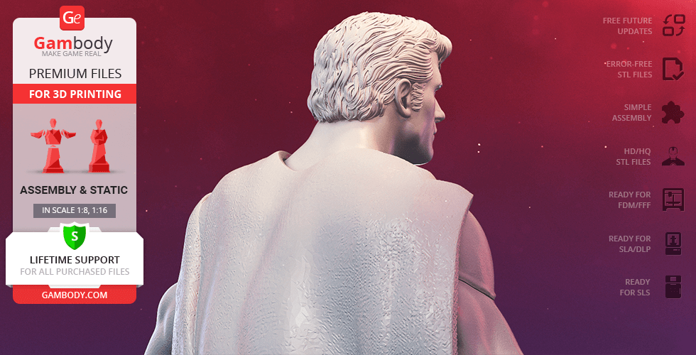 3D model of Superman in classic pose for printing, shown from the back with detailed cape and hair.