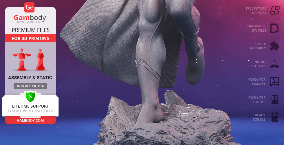 A 3D model of Superman in a dynamic pose on a rocky base, designed for 3D printing.