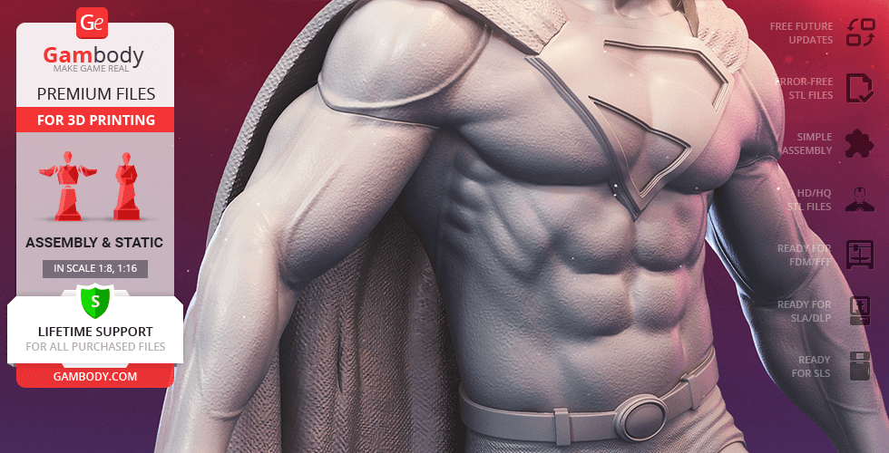 3D-printed model of a muscular superhero torso with emblem, offered by Gambody for assembly and static display.