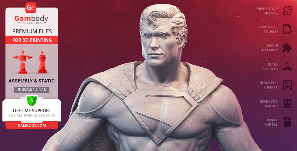 3D printable model of classic superhero figure, muscular pose, cape, and emblem on chest.