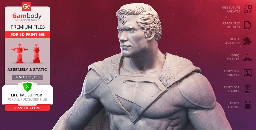 3D model of a classic superhero with a cape and emblem, suitable for 3D printing from Gambody.