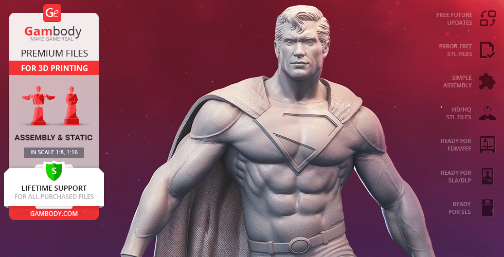 A muscular superhero figurine with a cape, featuring an emblem on the chest, ready for 3D printing.