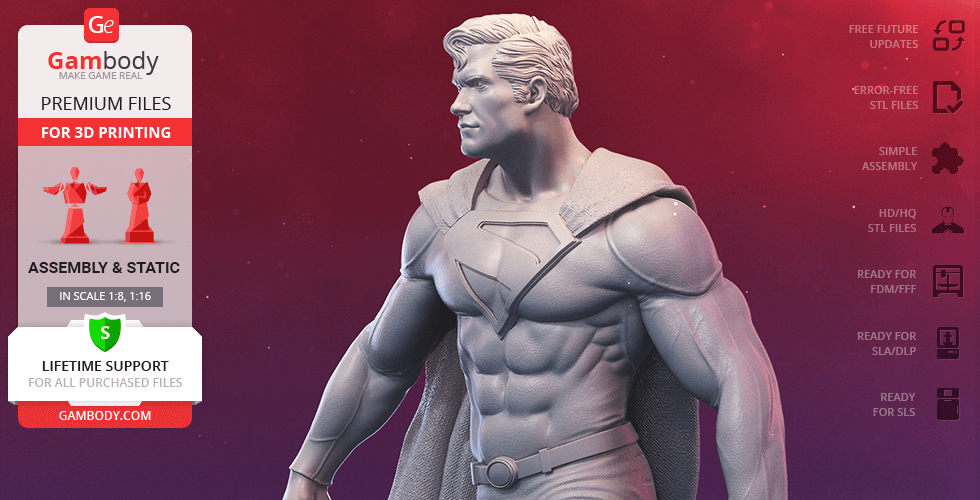 3D model of a classic superhero in a strong pose, wearing a cape and emblem on chest.