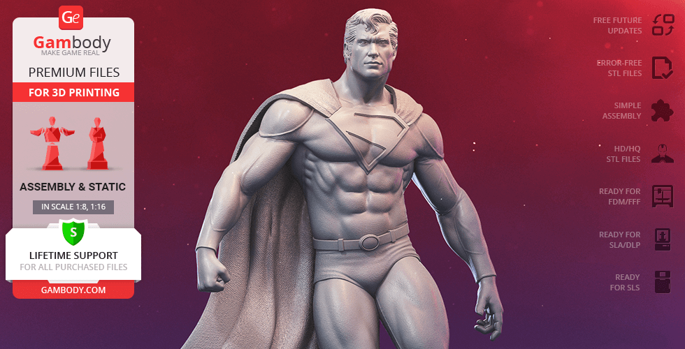 3D printable model of a classic superhero in a dynamic stance, featuring a muscular physique and iconic cape.