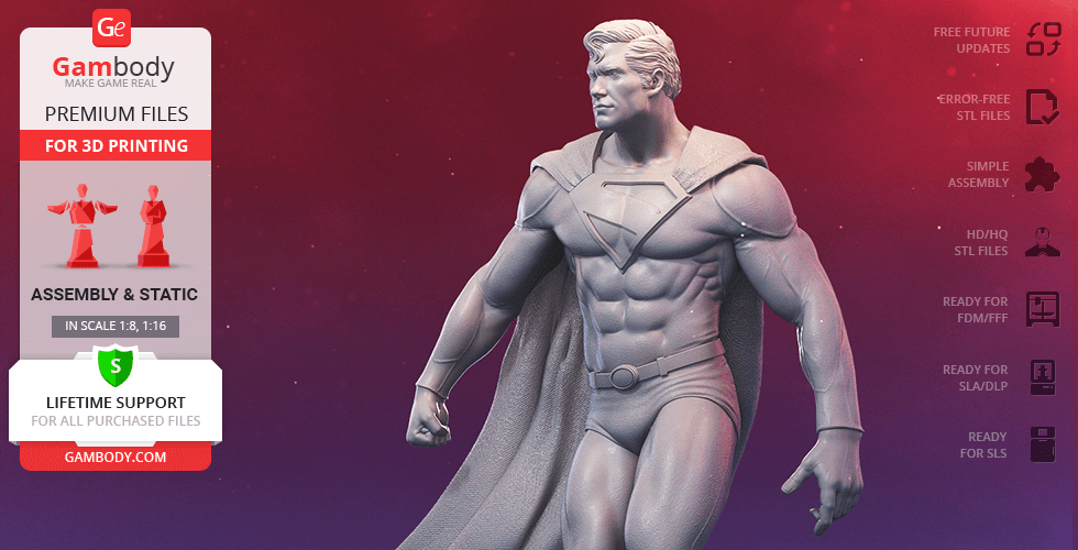 A classic Superman 3D model with cape, standing heroically, designed for 3D printing.