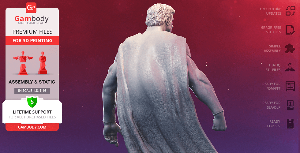 A rear view of a classic superhero 3D model with a cape, ready for 3D printing.