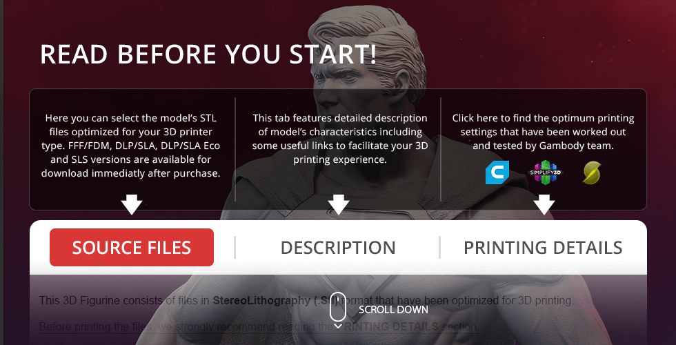 3D model of a classic superhero with instructions for selecting, describing, and printing STL files.