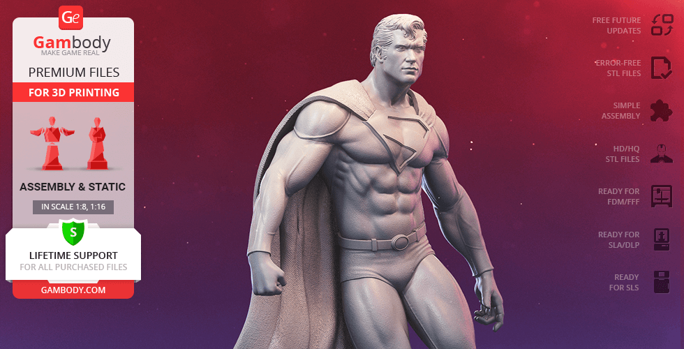 3D model of a classic superhero in a strong pose, detailed muscles, and cape, ready for 3D printing.