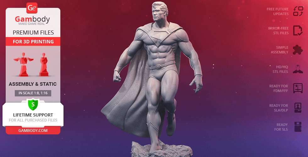 A classic superhero figurine stands on a rocky base, wearing a cape and suit, ready for 3D printing.