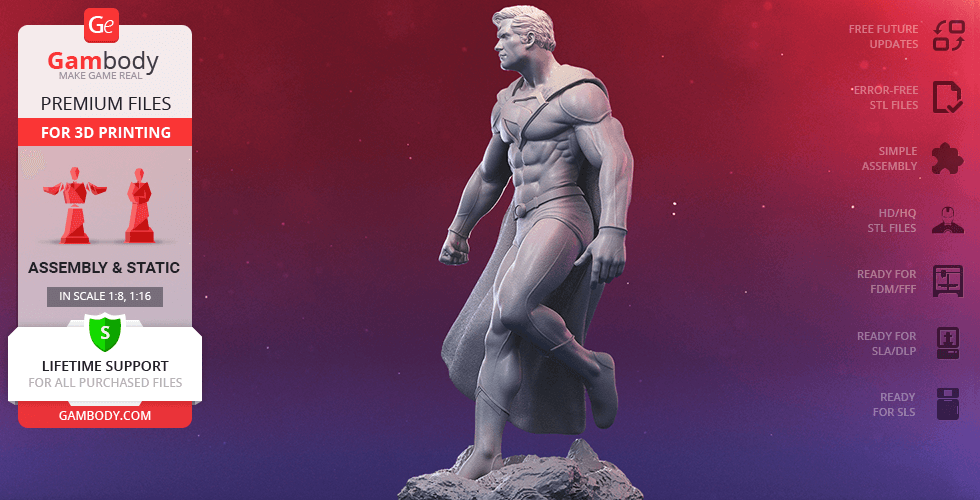 A 3D model of a classic superhero in a dynamic pose, wearing a flowing cape, meant for 3D printing.