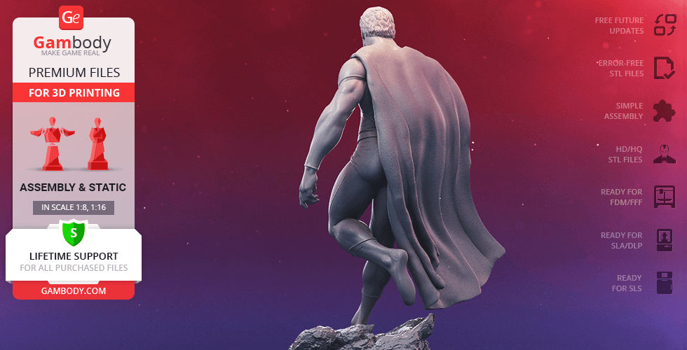 3D model of a muscular superhero in a cape, standing on a rocky base, ready for printing.