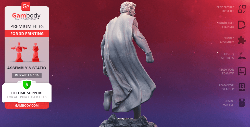 A 3D model of a classic superhero in a cape, viewed from behind, standing on a rocky base.
