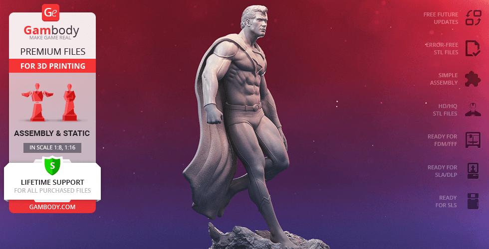 A 3D model of a classic superhero figure standing heroically on a rock-like base.