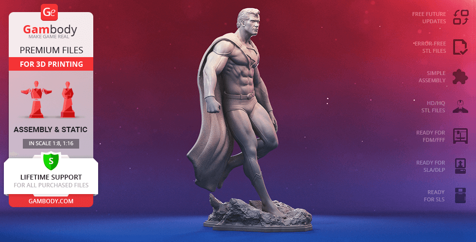 3D model of a superhero standing on a rock, wearing a cape, designed for 3D printing.