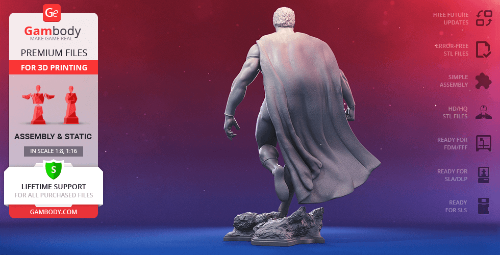 3D model of Superman in classic pose, seen from the back, for 3D printing by Gambody.