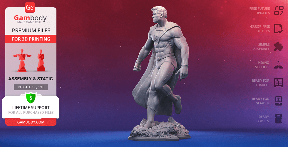 3D model of a classic superhero figure standing heroically, designed for 3D printing.