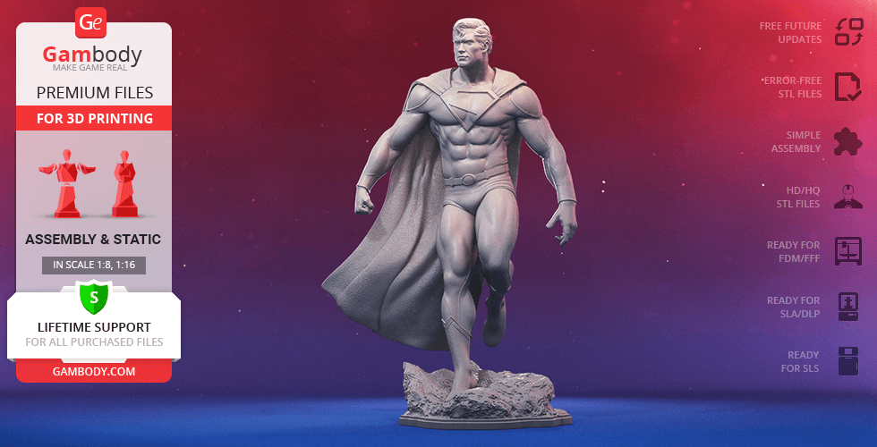A detailed 3D model of a classic superhero in a dynamic pose for 3D printing on a rocky base.