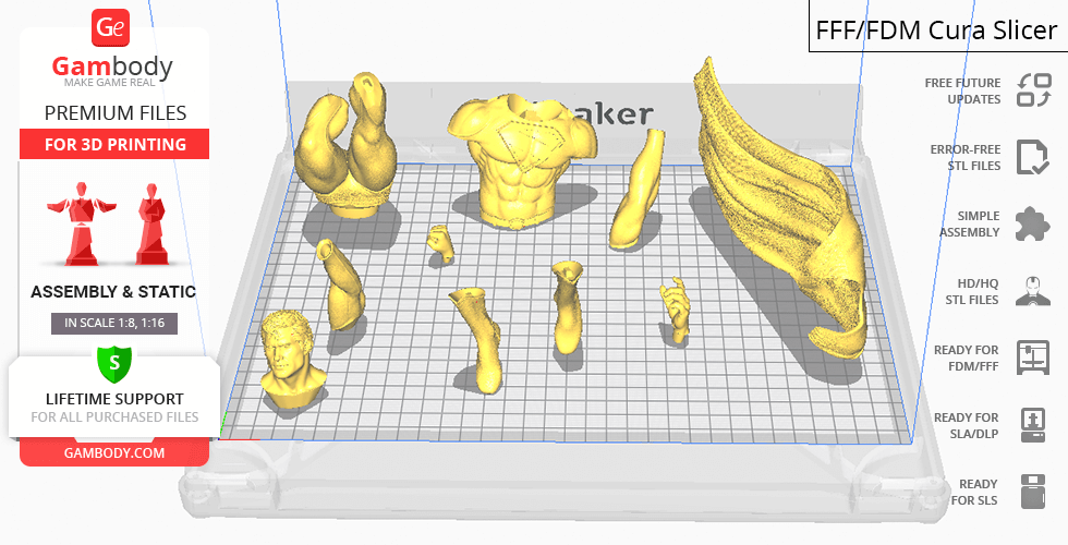 3D printing model of Superman in parts: head, torso, cape, arms, and legs on a Cura slicer platform.