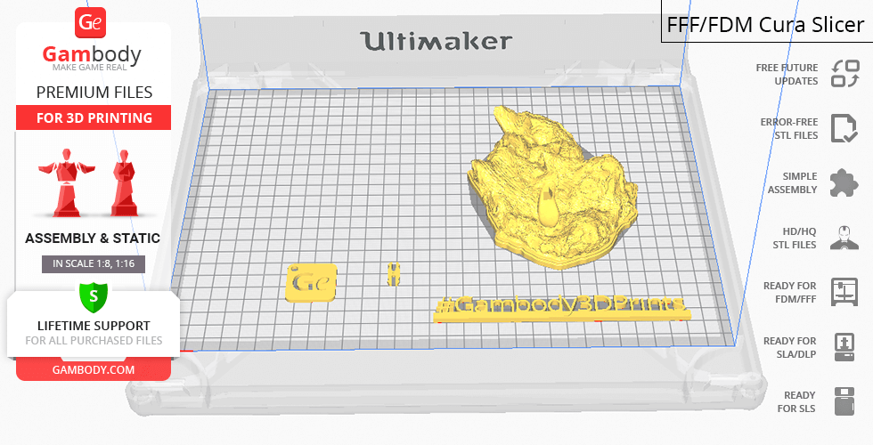 3D printing layout with Superman bust and base on a grid in Cura slicer software.