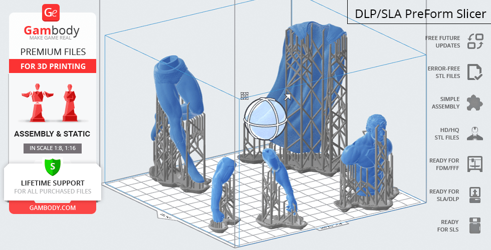 3D model parts of Superman Classic in blue, ready for printing with supports, shown in a slicing software.