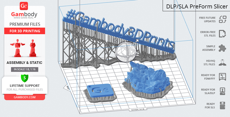A 3D printing layout for a Superman Classic model, displaying supports and hashtag text.