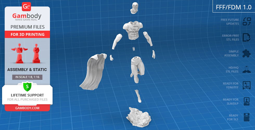 Model pieces for 3D printing of a classic superhero figure, including limbs, torso, cape, and base.