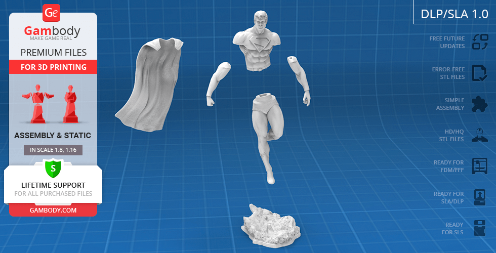 3D printable model of a classic superhero in parts: torso, arms, legs, cape, and base on a blue grid background.