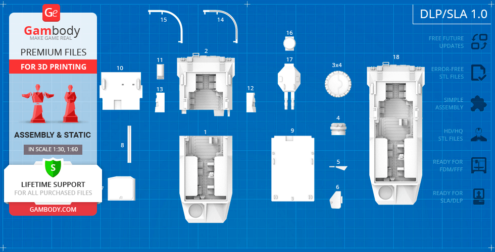 Blueprint layout of a 3D printable M577 APC model with individual parts labeled for assembly.