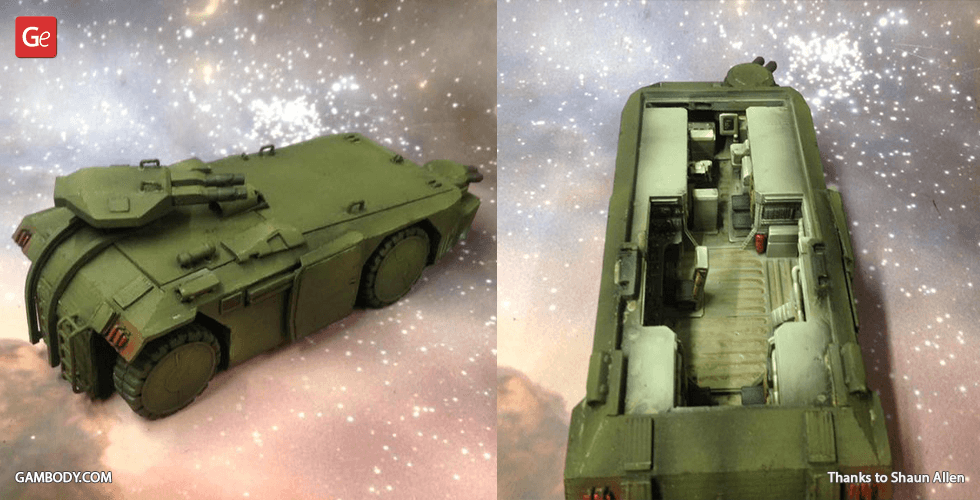 A green 3D-printed sci-fi APC vehicle model, shown from exterior and interior views.