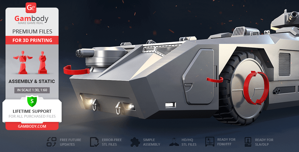 A detailed 3D model of a futuristic armored personnel carrier (APC) designed for 3D printing.