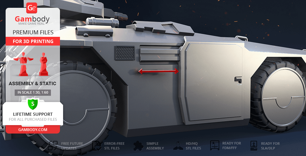 A detailed 3D model of an M577 APC vehicle for 3D printing displayed from a side view.