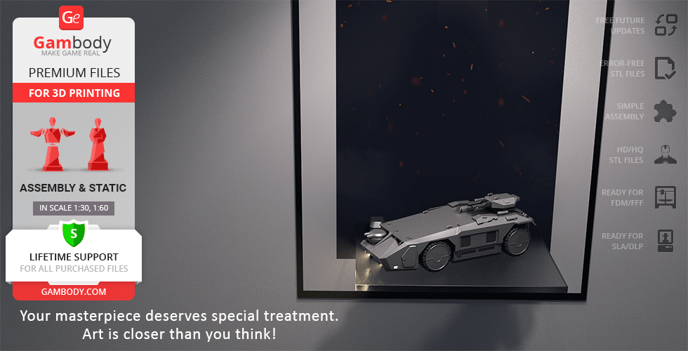 A detailed 3D model of an M577 APC vehicle for printing, with assembly and support information.