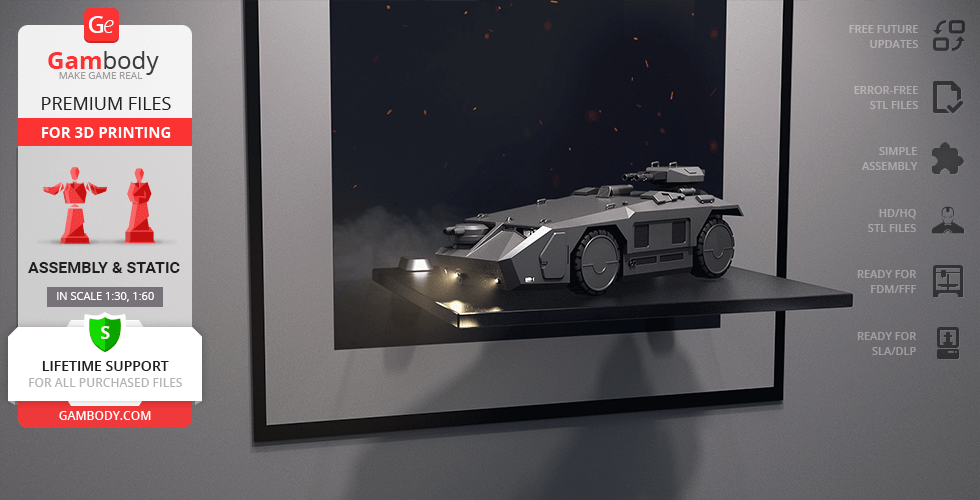 Futuristic armored vehicle 3D model on display shelf with Gambody branding for 3D printing.