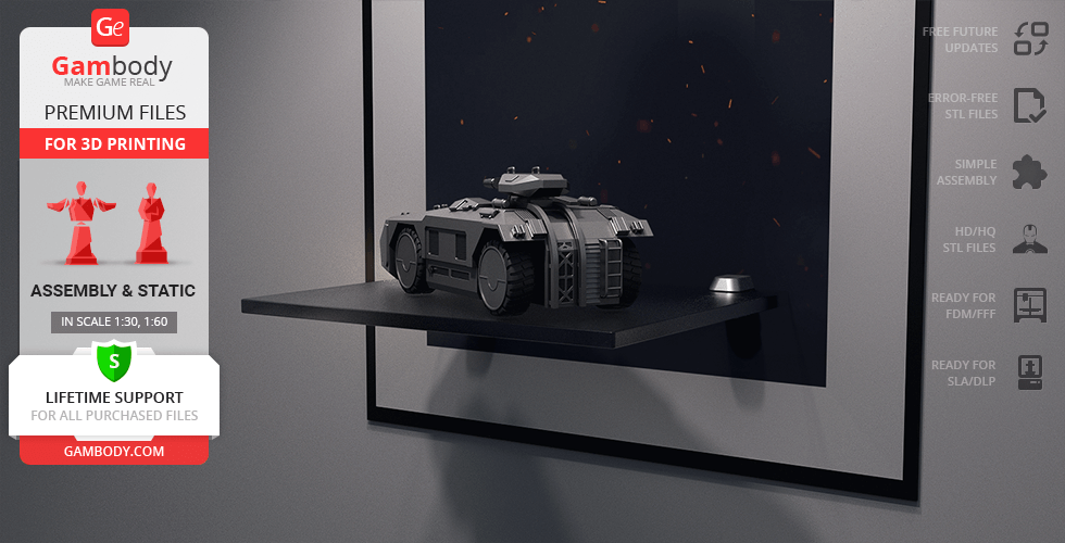 3D model of the M577 APC displayed on a shelf, showcasing features like wheels and a futuristic design.