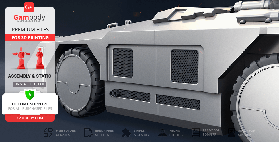 Futuristic armored vehicle design for 3D printing, featuring detailed wheels and panels.
