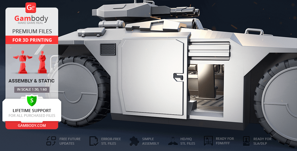 A detailed 3D model of an M577 APC, featuring tires and an open side door, designed for 3D printing.