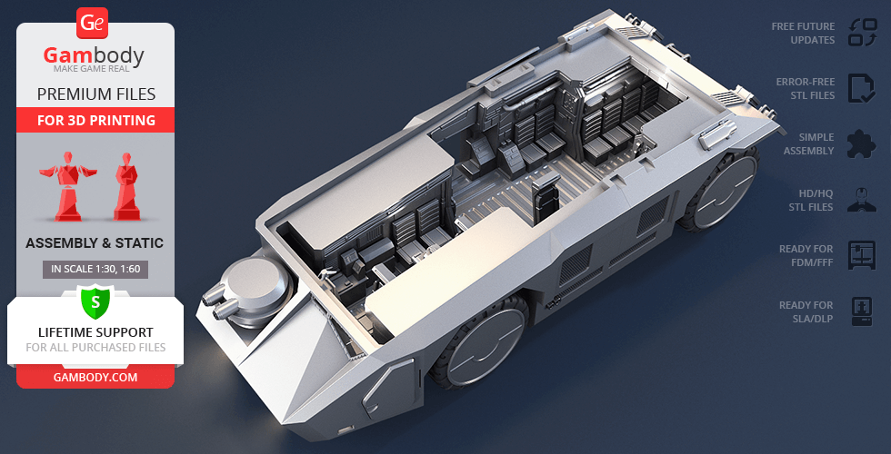 3D model of M577 APC, detailed interior, for 3D printing. Includes seating and mechanical components.