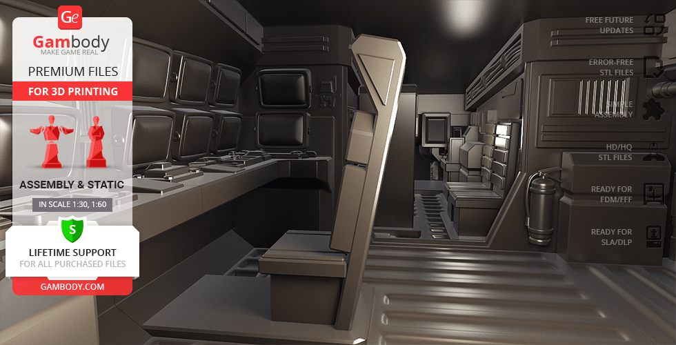 3D model of the interior of a futuristic armored personnel carrier with seats and control panels.