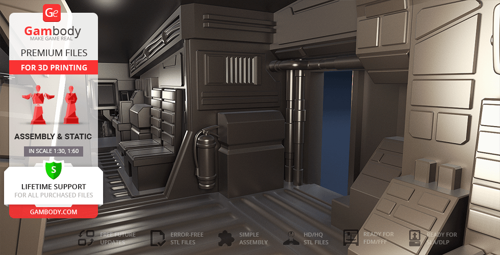Interior view of a 3D model of a sci-fi armored vehicle's cabin with detailed seats and panels.