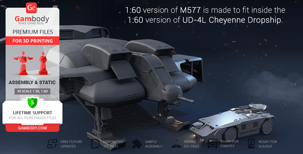 Detailed M577 APC and UD-4L Cheyenne Dropship 3D models with assembly instructions and features.