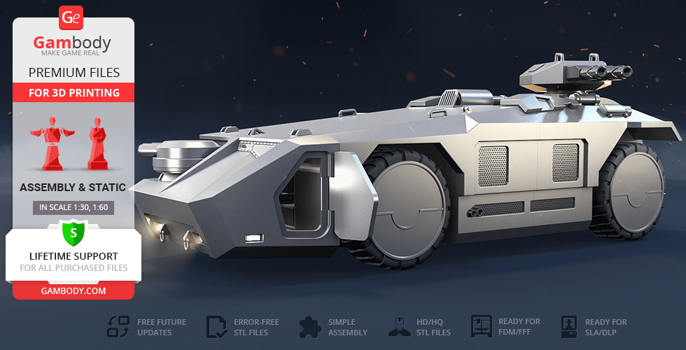 Futuristic armored vehicle with turrets and large wheels, designed for 3D printing from Gambody.
