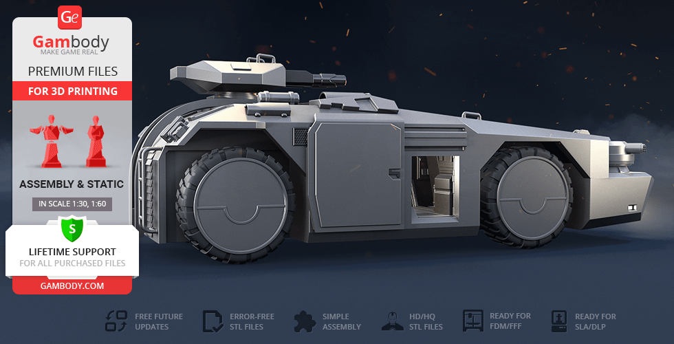 A detailed 3D model of the M577 APC vehicle ready for 3D printing, showcasing armored design and wheels.